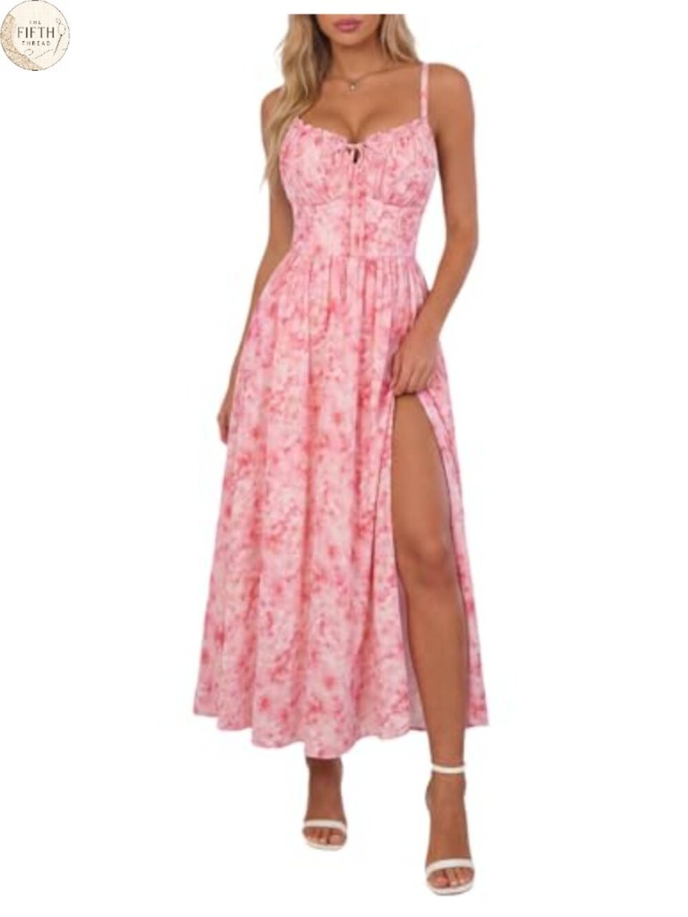 Floral Corset Midi Dress V-Neck Front Slit Wedding Guest Sundress